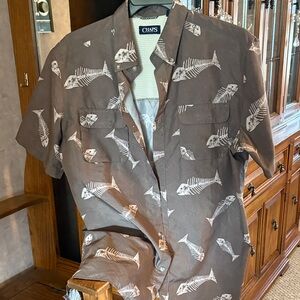 Chaps Men's Brown Button-Down Short Sleeve Shirt with White Fish Skeleton Print